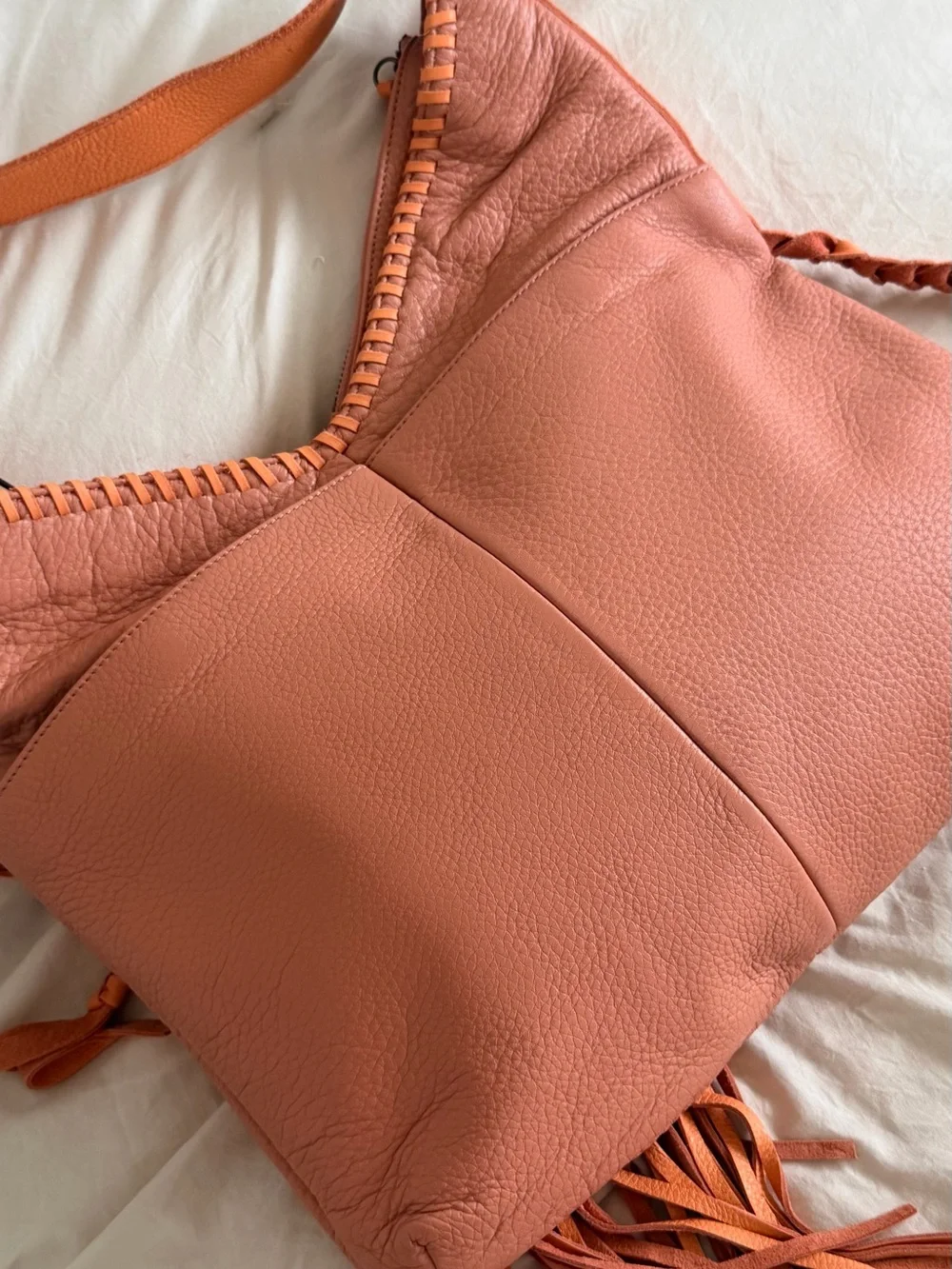 Vintage MUXO Camila Alves Leather Fringe Hobo Bag Rare Rose Peach